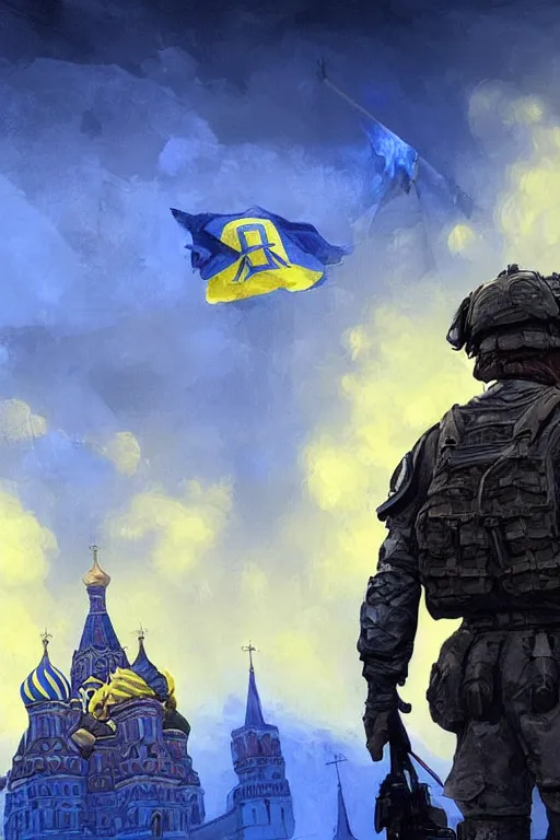 Image similar to special forces soldier raising ukrainian blue and yellow flag, kremlin st. basil cathedral in the background, masculine figure, d & d, fantasy, bright atmosphere, volumetric lights, intricate, elegant, extremely detailed, digital painting, artstation, concept art, matte, smooth, sharp focus, hyper realistic, illustration, art by artgerm and greg rutkowski and alphonse mucha