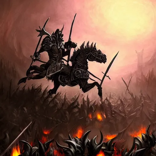 Prompt: A dark fantasy painting of a paladin fighting off a horde of skeletons. Deviantart. Trending. High Contrast.