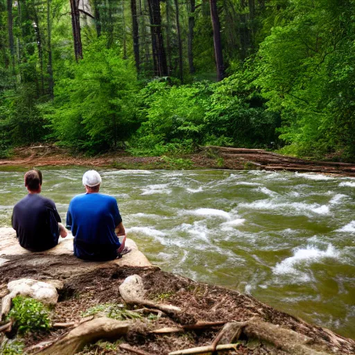 Prompt: two men sitting in a small damn on a river with a forest in the background