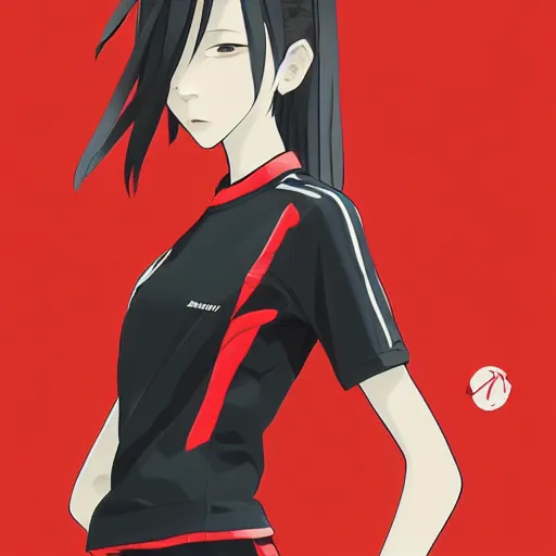 Image similar to shirt art, logo graphic design, frame around picture, manga style, realistic lighting, futuristic solid colors, made by ilya kuvshinov, sold on sukebannyc, from arknights, girl, elegant, round eyes, sport clothing, running shoes, simple red background