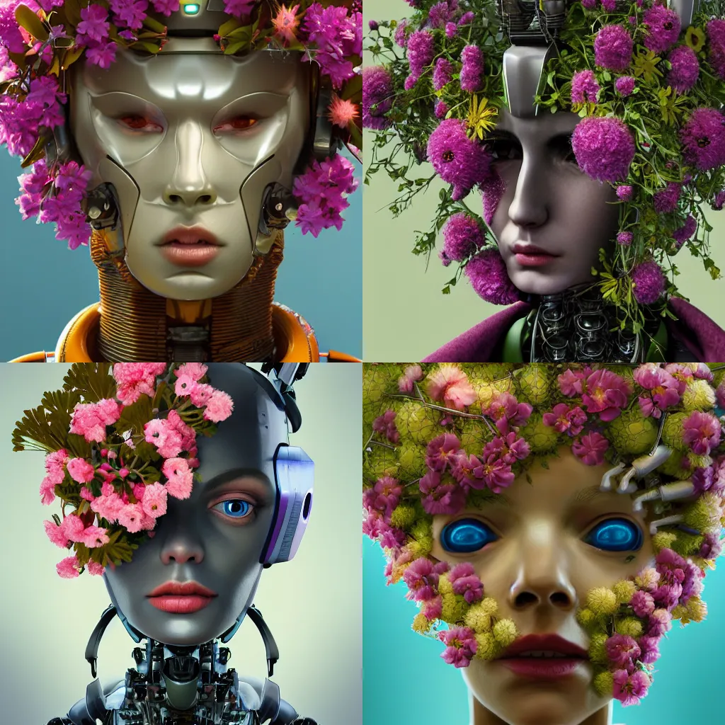 Prompt: close up portrait of a robot with flowers growing out of its head, artstation