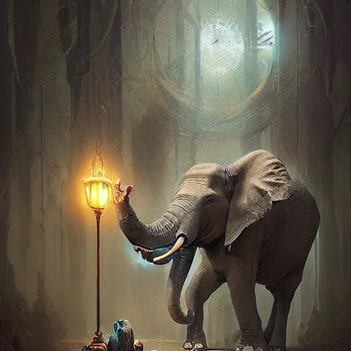 Image similar to Mystical elephant reading tarot cards, detailed, digital art, intricate, concept art, Greg Rutkowski, epic, fantasy