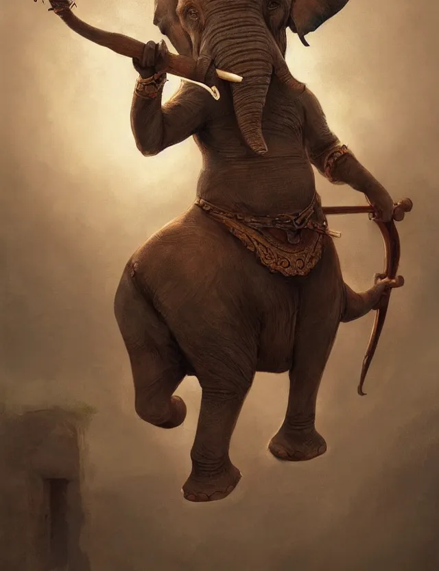 Image similar to painting of humanoid elephant wearing medieval bard clothes and holding a harp, epic, trending on artstation, masterpiece, cinematic lighting, by ross tran and by greg rutkowski
