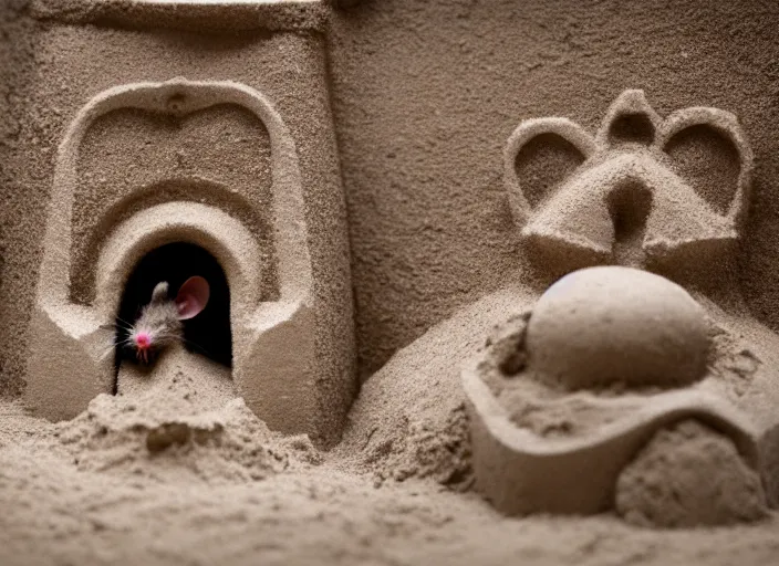 Image similar to wide dslr photo still of a mouse inside a perfect sandcastle, 8 k, 8 5 mm f 1. 4