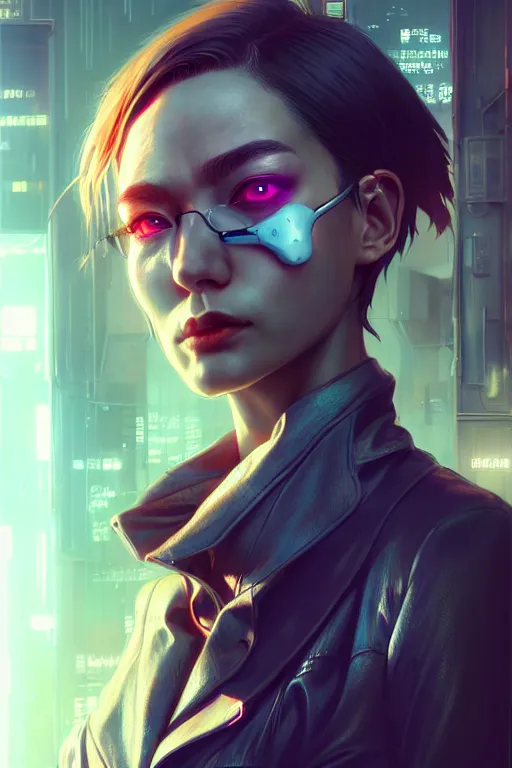 Image similar to hyperdetailed close portrait of a european woman in a worn out suit in a cyberpunk city inspired by ross tran and wlop and masamune shirow and kuvshinov, concept art, intricate, photorealistic, octane render, rtx, hdr, unreal engine, dnd digital art by artgerm