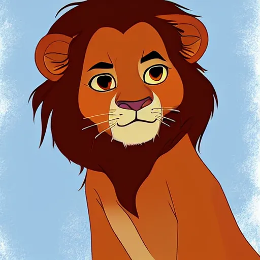 Image similar to a full-height portrait of Simba form the Lion King look like an ordinary human boy with beautiful hear and head, wearing jeans and a white T-shirt, humanisation, digital art style