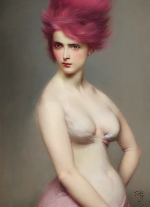 Image similar to a detailed portrait of woman with a mohawk by edouard bisson, pink hair, punk rock, oil painting, muted colours, soft lighting