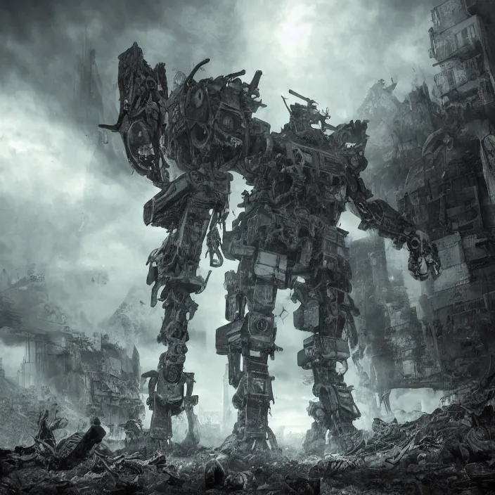 Image similar to gritty apocalyptic scene of human standing next to mech - warrior, hyper - detailed, sharp focus, 4 k ultra hd, fantasy dark art, apocalyptic art