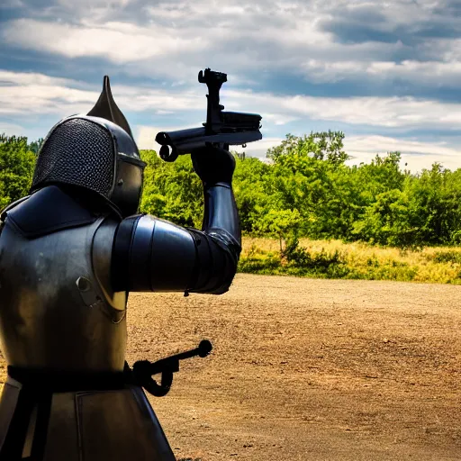 Prompt: medieval knight, in armor, shooting an ak - 4 7. 4 k, hdr, 5 0 mm lens, f 1. 8.