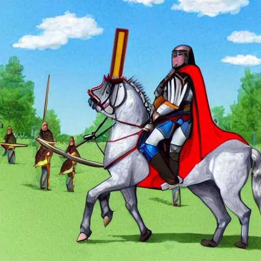 Image similar to a mounted knight in full armor and a lance, riding in a jousting tournament, dnd illustration