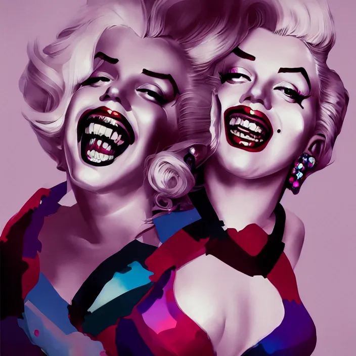 Image similar to portrait of Marilyn Monroe as a harley quinn. intricate abstract. intricate artwork. by Tooth Wu, wlop, beeple, dan mumford. octane render, trending on artstation, greg rutkowski very coherent symmetrical artwork. cinematic, hyper realism, high detail, octane render, 8k, iridescent accents