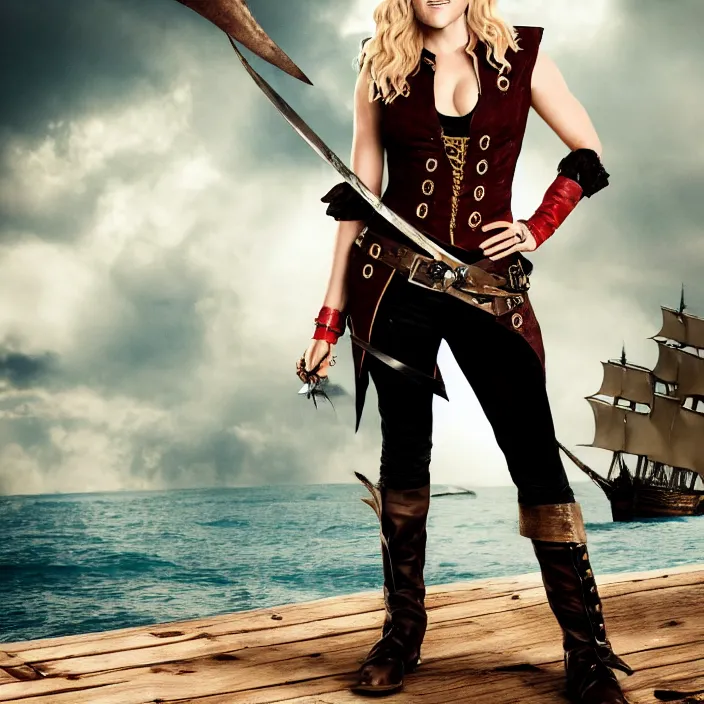 Image similar to full body photograph of olivia taylor dudley as a pirate. extremely detailed. 8 k