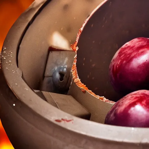 Prompt: a large plum being thrown into a meat grinder, realistic photograph, 4 k, hd