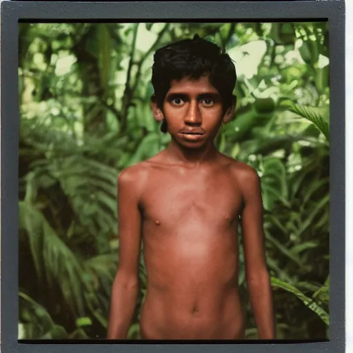 Image similar to a professional polaroid full body photo of a sri lankan jungle girl, black hair, light freckled skin and a look of panic on his face. extremely high fidelity. key light.