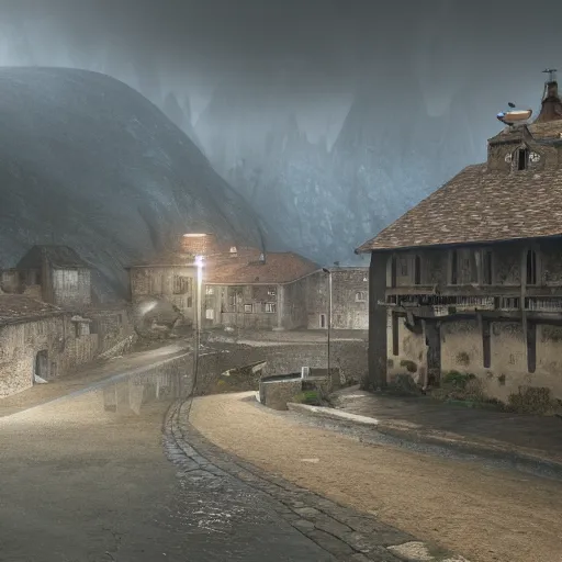 Image similar to the center of a poor medieval town under heavy rain at late night, in a valley, surrounded by mountains, highly detailed, octane render, ultra detailed cinematic, 8 k, widescreen, 1 6 : 9, hd