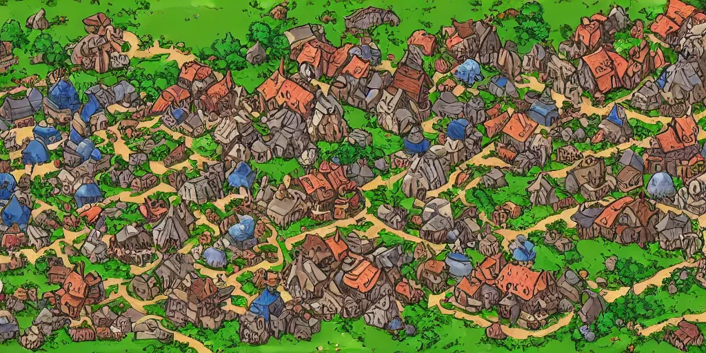 Image similar to a high detailed village vector art presenting an aerial view of a cartoonish rpg village by dungeondraft, dofus, patreon content, containing tables and walls, hd, straight lines, vector, grid, dnd map, map patreon, fantasy maps, foundry vtt, fantasy grounds, aerial view, dungeondraft, tabletop, inkarnate, dugeondraft, roll 2 0