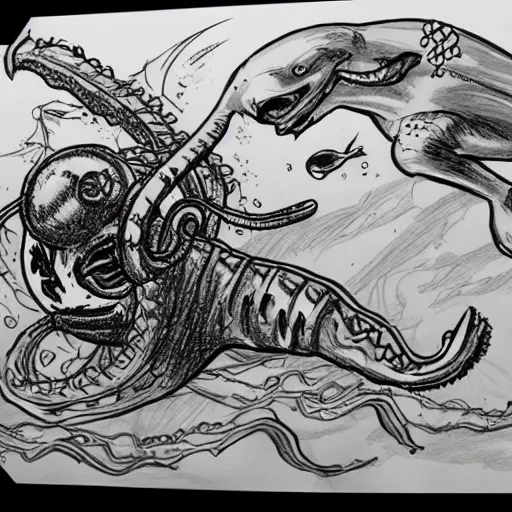 Image similar to old drawing of a scuba diver fighting against a kraken underwater, under water scenery, dramatic lighting, intense, epic, drawing, sketchbook