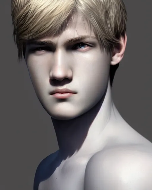 Image similar to portrait a 1 5 - year - old boy, with slender, white - blond hair, cold grey eyes, a pale complexion with sharp and pointed features, hyper realistic face, beautiful eyes, character art, art by mark brooks, hyperdetailed, cryengine, trending on artstation, digital art