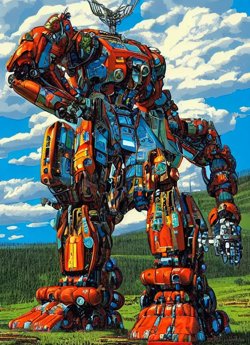 Prompt: realistic physically based rendering of a giant mechanical robot at yellowstone national park by jack kirby and simon bisley, epic, awesome trendy color palette, cinematic