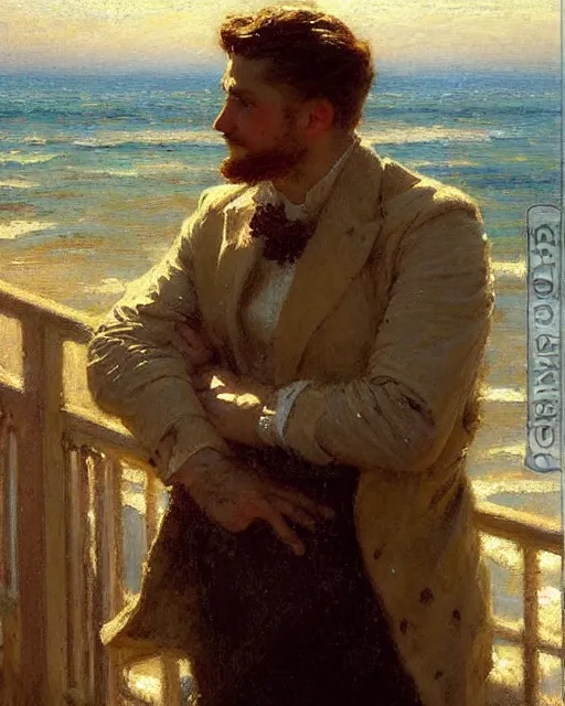 Prompt: very attractive man watches ships sail by from his deck by the ocean, melancholy, nostalgia, painting by gaston bussiere, craig mullins, j. c. leyendecker