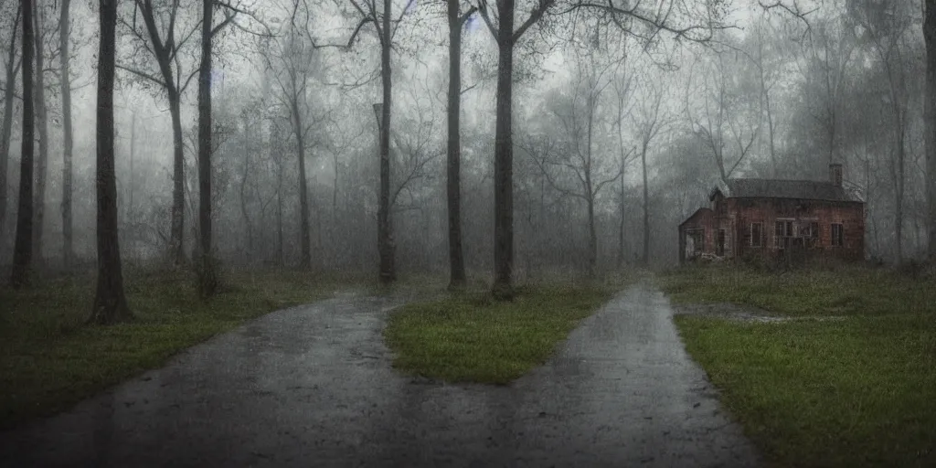 Prompt: old house at the end of a forest road in the rain, creepy ambiance, high focus, highly detailed