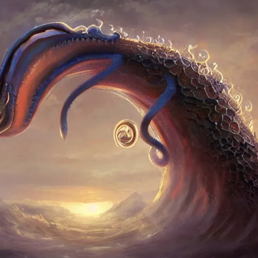 Image similar to angel squid monster with eyes on his tentacles looking at you sunset clouds digital painting, artstation, concept art, soft light, hdri, smooth, sharp focus, illustration, fantasy, intricate, elegant, highly detailed, D&D, matte painting, in the style of Greg Rutkowski and Alphonse Mucha and artemisia, 8k, highly detailed, jurgens, rutkowski, bouguereau, pastoral, rustic, georgic