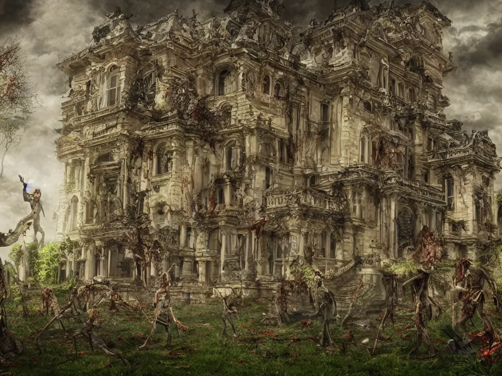 Prompt: A palace with zombie gardeners, fantasy art, long distance photography, 4k