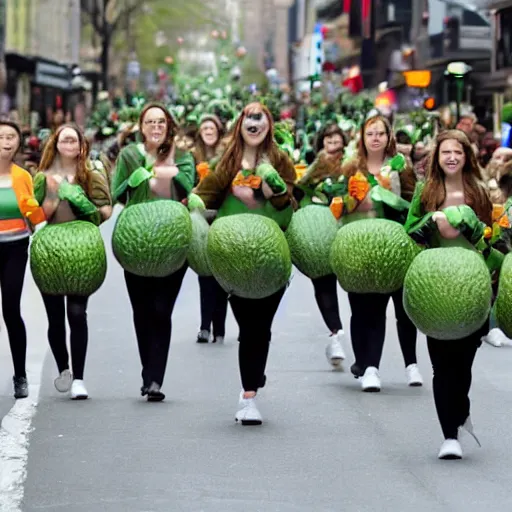 Image similar to a parade of avocados you marching down 5 th ave manhattan on st. patrick's day being lead by emma watson, 8 k, photo realistic, extremely life like