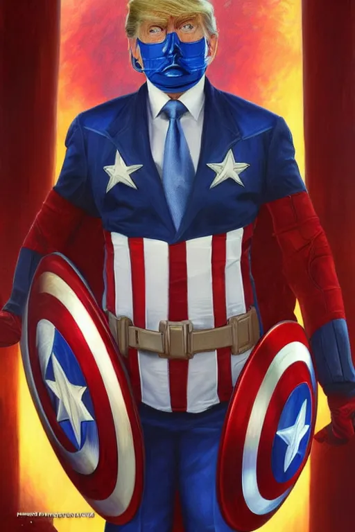 Image similar to hyperrealistic painting of Donald Trump as Captain America, D&D, fantasy, photorealism, accurate depiction, intricate, elegant, highly detailed, digital painting, post processing, extremely detailed, face symmetry, artstation, concept art, matte, smooth, sharp focus, illustration, art by Artgerm and Greg Rutkowski and Alphonse Mucha, oil painting, 8k