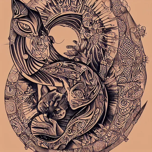 Image similar to tattoo sketch of a cat hugging the sun, on a canva, polynesian style, ornamental, line art, vector, industrial sci - fi, by mandy jurgens, ernst haeckel, james jean