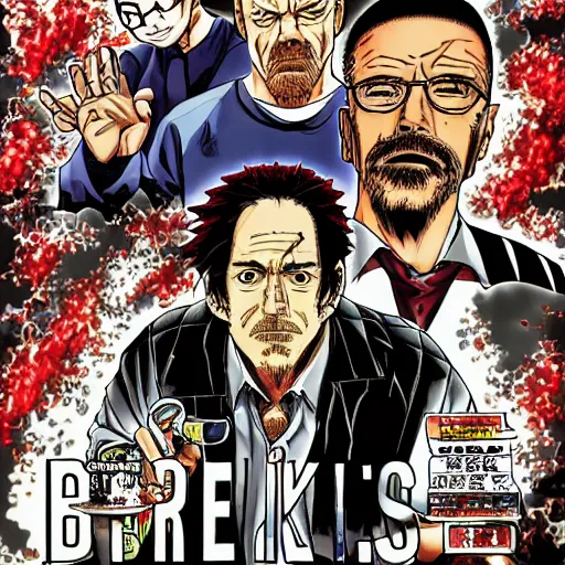 Image similar to Breaking Bad, manga cover illustration by Hirohiko Araki, Takeuchi Takashi, Pochi Iida, Masashi Kishimoto, Junichi Oda, Jojo, Shonen Jump, detailed
