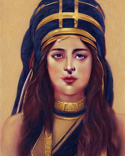 Image similar to Dakota Johnson as a beautiful egyptian princess, gorgeous, portrait, Symmetrical, powerful, intricate, beautiful, masterpiece, elegant, volumetric lighting, highly detailed, digital painting, hyper-realistic, artstation, sharp focus, no blur, illustration, William-Adolphe Bouguereau , ruan jia