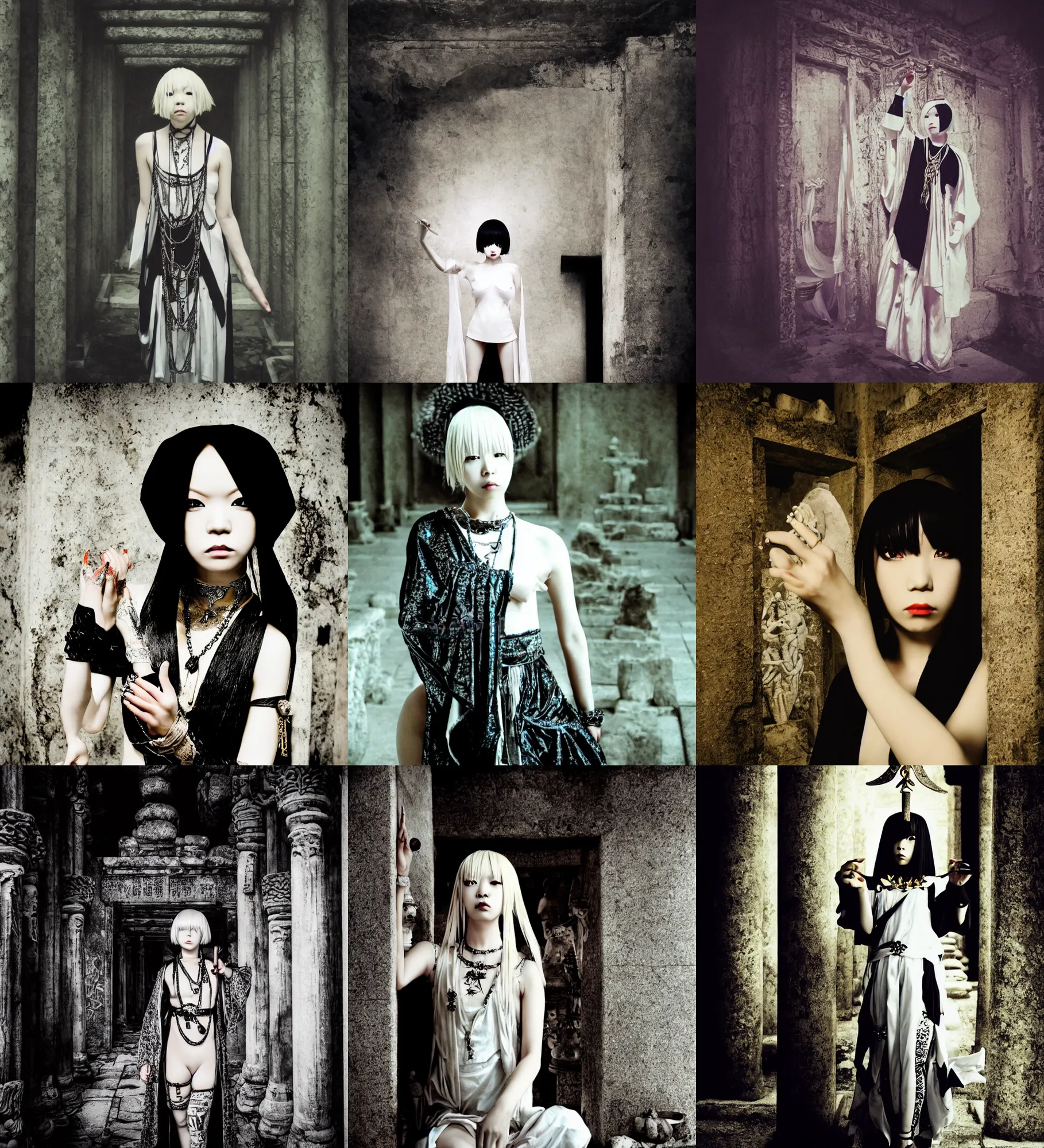 Prompt: lomography, full body portrait photo of women like reol from a distances as a priestess holding a magical ritual in a ancient temple interior, moody, realistic, dynamic perspective pose, dark, skin tinted a warm tone, hdr, rounded eyes, detailed facial features, white gold black, nobuyoshi araki