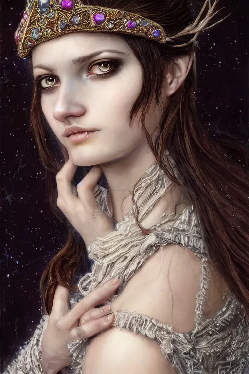 Prompt: high quality extremely detailed closeup portrait of a young attractive female necromancer looking away from the camera, dressed, realistic eyes, sparkle in eyes, no hands visible, fantasy, d & d, intricate, painting by lucian freud and mark brooks, hd