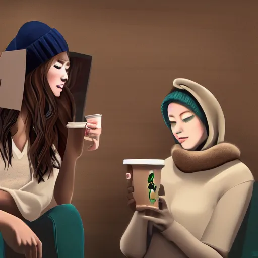 Image similar to hot girls sitting at starbucks being drawn by creepy guy in beanie, 8 k resolution, cinematic lighting, anatomically correct