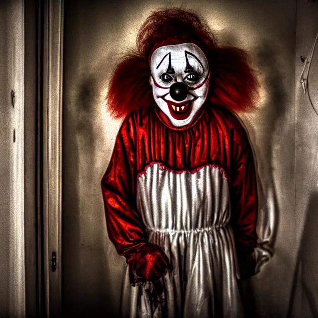 Image similar to creepy clown in a house at night, highly detailed, 8 k, hdr, smooth, sharp focus, high resolution, award - winning photo