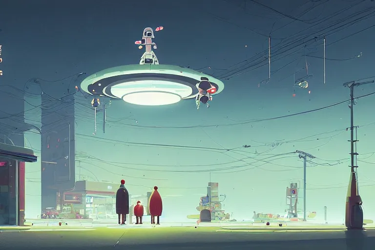 Prompt: A spaceship hovering over a doughnut shop, zapping the paper bags out of each customer's hands as they leave, mystical, intricate, by by Goro Fujita and Simon Stalenhag, and Adrian Ghenie