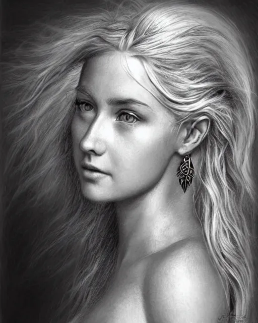 Image similar to pencil drawing of beautiful greek goddess aphrodite with arrowhead earrings and beautiful feather jewelry, beautiful piercing eyes, beautiful blonde hair flying in the wind, hyper realistic face, in the style of greg rutkowski, fantasy, amazing detail, epic, elegant, smooth, sharp focus, from the front