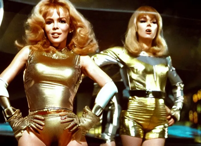 Image similar to kylie minogue in a still from the film barbarella ( 1 9 6 8 ), gold hotpants, hyperealistic