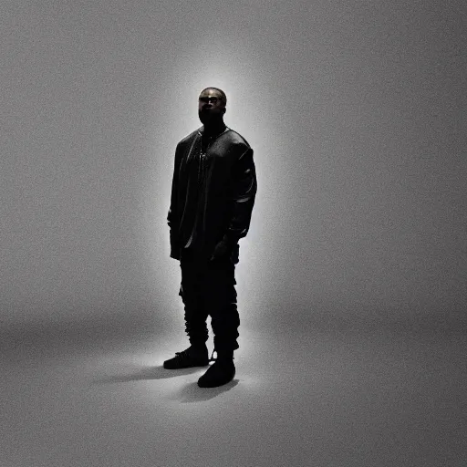 Image similar to cinematic photograph of Kanye West dresses as a cyborg, minimal album cover, shallow depth of field, 40mm lens, gritty, textures