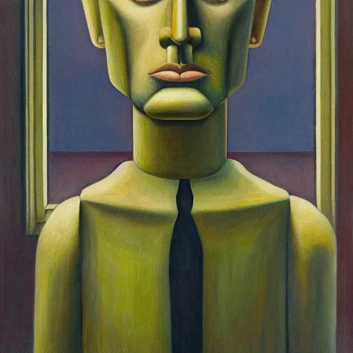 Prompt: tall, gaunt, imposing robot with intense eyes portrait, grant wood, pj crook, edward hopper, oil on canvas