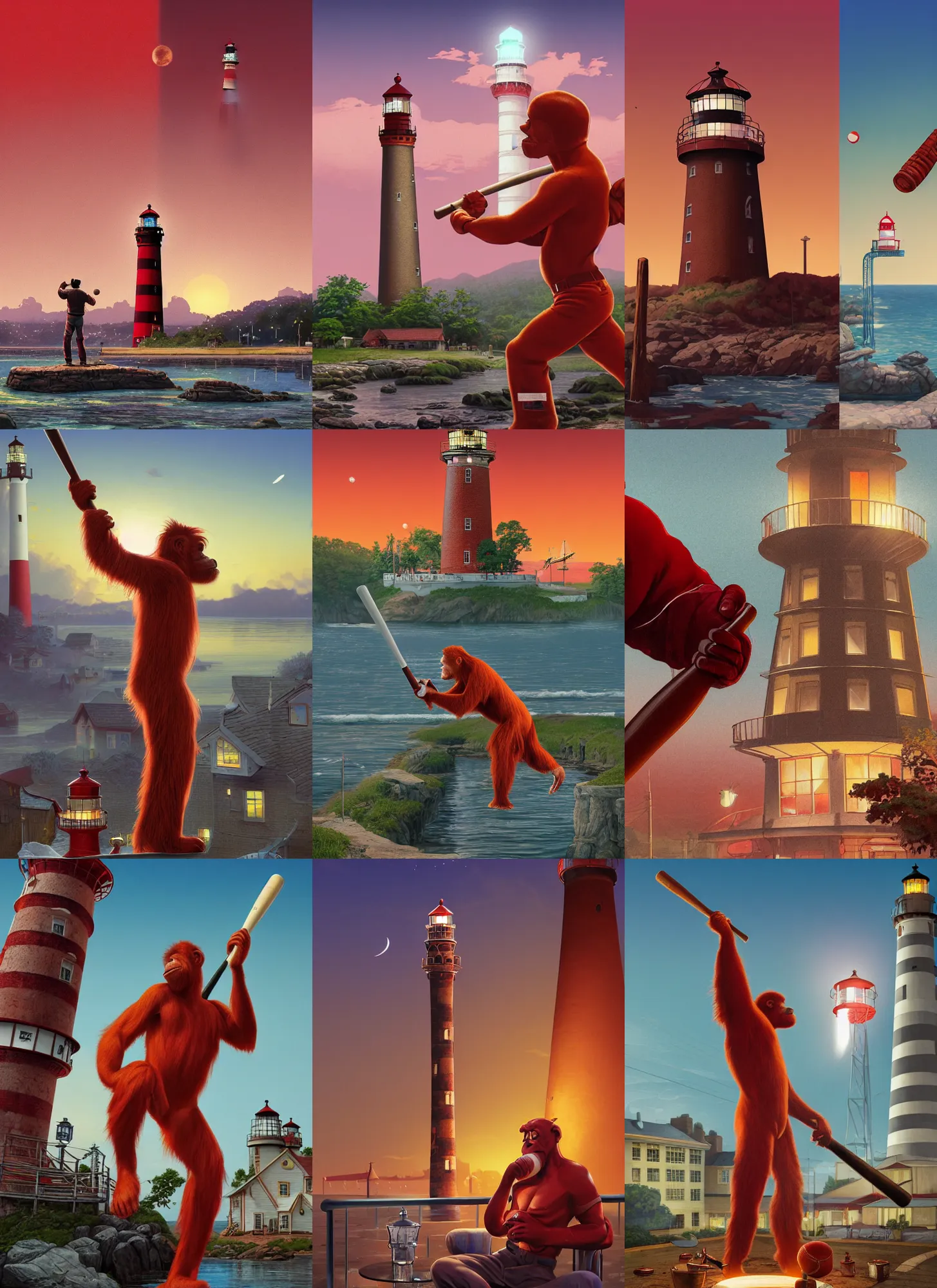 Prompt: rendering of red orangutan holding baseball bat as lighthouse, town background, white tablecloth, glass tableware, sport poster artwork by michael whelan and tomer hanuka, high contrast, full of details, by makoto shinkai and thomas kinkade, matte painting, trending on artstation and unreal engine