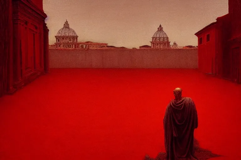 Image similar to only with red, caesar after war, the deal, a red tiger, in hoc signo vinces, rome in background, an ancient path, in the style of beksinski, part by hopper, part by rodcenko, part by hofbauer, intricate composition, red by caravaggio, insanely quality, highly detailed, masterpiece, red light, artstation