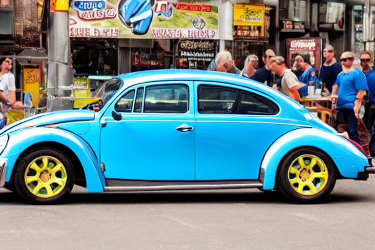 Image similar to a blue beetle car with burgers for wheel rims