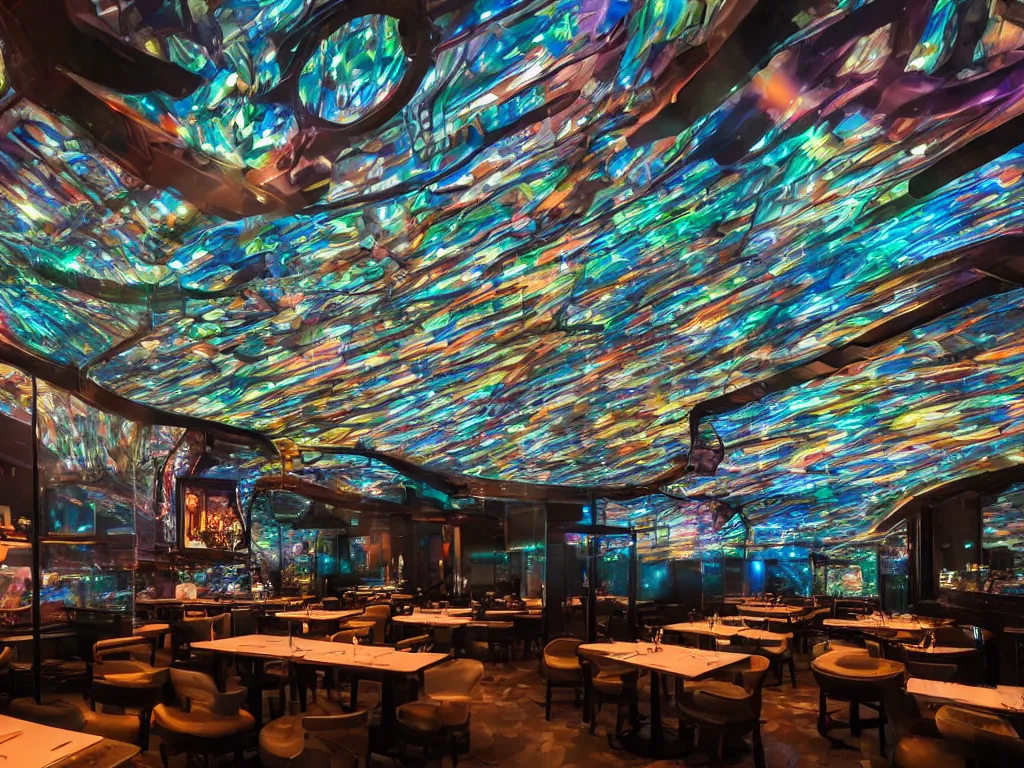 Prompt: screens with curved translucent screens projecting detailed sci - fi art, pixel perfect photograph, high contrast, volumetric lighting, thin glowing lights, restaurant, chairs, users, pair of keys