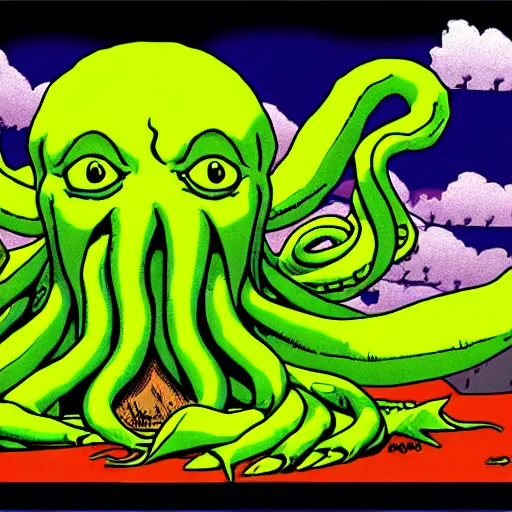 Image similar to cthulhu in the style of the simpsons