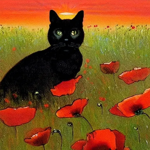 Prompt: a masterpiece painting by alfred mucha : a small black cat taking the sun in a poppy field with a red sunset in the background