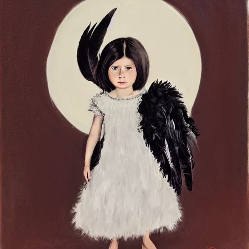 Prompt: little girl wearing an dress made of black feathers, artwork made by ilya kushinov