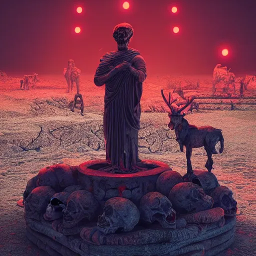 Image similar to beautiful dark landscape, old roman statue in front of a glowing red orb in front of a pile of skulls, in the style of beeple and Mike Winkelmann, intricate, epic lighting, cinematic composition, hyper realistic, 8k resolution,