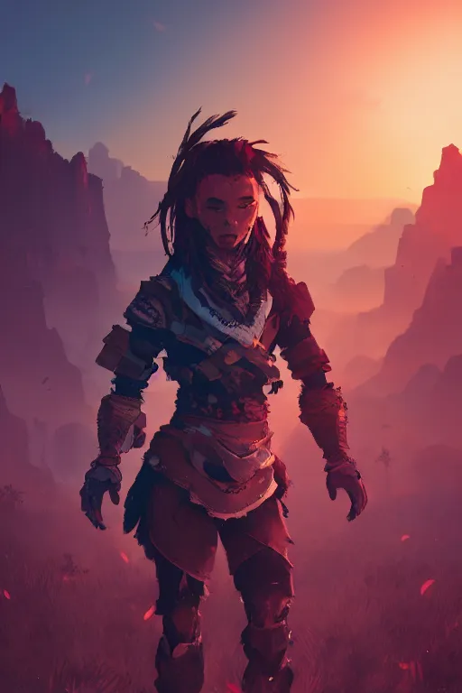 Image similar to combination suit armor aloy horizon forbidden west horizon zero dawn radiating a glowing aura global illumination ray tracing hdr fanart arstation by ian pesty and alena aenami artworks in 4 k tribal robot ninja mask helmet backpack